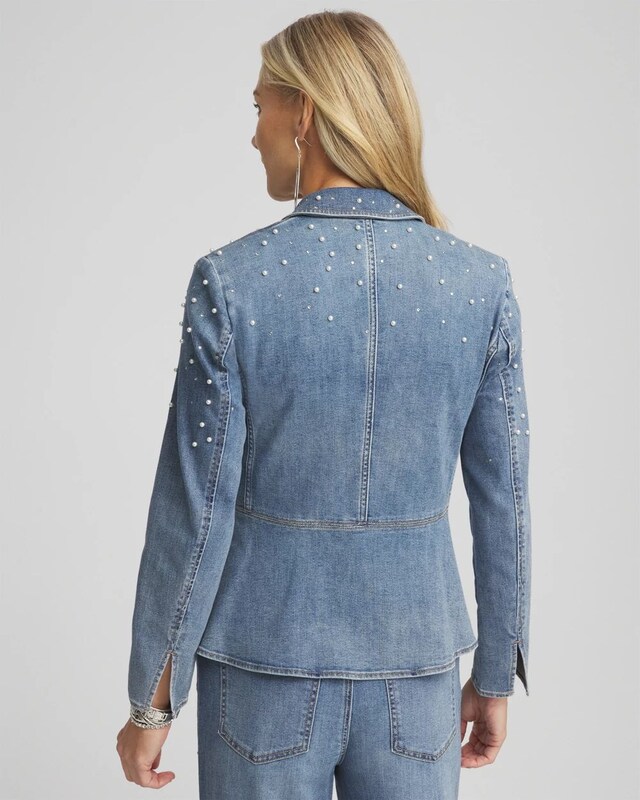 Pearl Embellished Denim Blazer - image 3
